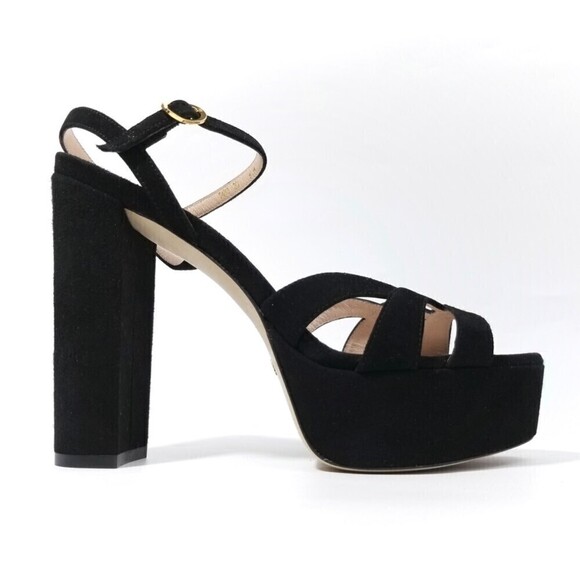 NWT Stuart Weitzman Misty 90s Platform Black Suede Strappy Chunky Block Heel 9.5 - Picture 1 of 13